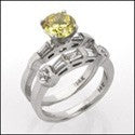 Matching Engagement Ring Set 1.5 Canary Round Cubic Zirconia Center Baguettes in Channel 14k White Gold