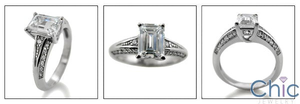 CZ Emerald Cut 1 Ct Pave Cubic Zirconia White Gold 14K Engagement Ring