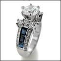 1.25 Brilliant  Round Cubic Zirconia Center Sapphire Channel Princess Sides 14k White Gold Engagement Ring