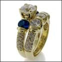 Matching Engagement Ring Set Round Cubic Zirconia and Sapphire Sides 14K Yellow gold