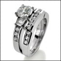 Matching Engagement Ring Set 1 Ct Round Center Channel Fitted Cubic Zirconia 14K White Gold