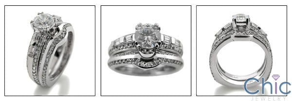 Matching Engagement Cubic Zirconia Ring and Band Set .75 Round Center Pave  Channel Euro Shank 14K White Gold
