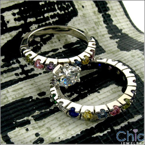 Matching Set 1 Ct Round Center Multi Color Cubic Zirconia Cz Ring