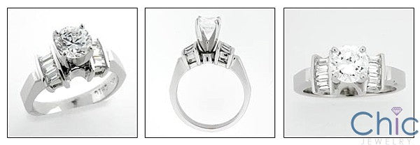 Cubic Zirconia Engagement Ring Round Center 1 Carat 4 Prong Channel Baguettes 14K White Gold