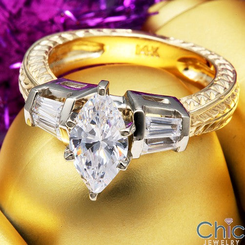 Engagement 1.25 Marquise Channel Baguettes Two Tone Shank Cubic Zirconia Cz Ring