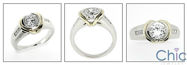 Cubic Zirconia Cz Engagement Ring 1 Carat Round Two Tone Gold Half Bezel Center