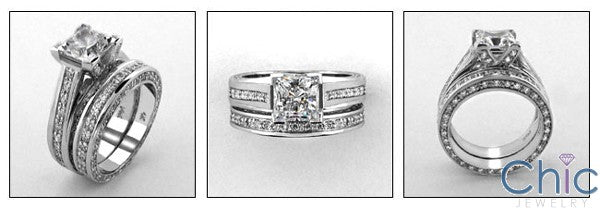 Matching Set 1.5 Carat Princess Cubic Zirconia Engagement Ring Wedding Eternity Band 14K White Gold