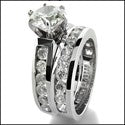 Cubic Zirconia Matching Set 1.5 Carat Round Stone Tiffany 6 Prongs Ring Channel Wedding Band 14k White Gold