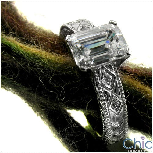 Estate 1 Ct Emerald Center Engraved Cubic Zirconia Cz Ring