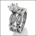 1 Ct Round Cubic Zirconia 6 Prong Tiffany Setting Matching Engagement Ring Set Half Bezel Sides 14K W Gold