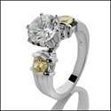 1.5 Round Center Canary Sides Stones Cubic Zirconia 3 Stone Ring 14k White Gold