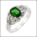 Estate 1.5 Oval Emerald Color Engraved Shank Cubic Zirconia Cz Ring