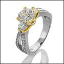 Two Tone Solid Gold Engagement Ring Cubic Zirconia 1 Carat Round Stone Center Smaller CZ Side Stones Pave