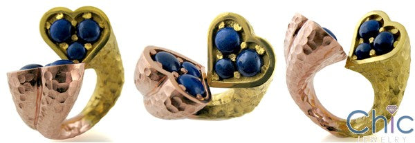 Hand Made 22K Yellow Gold Rose Gold Hearts Lapis Solid Ring