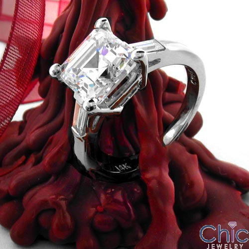 Engagement 1.5 Asscher Ct Channel Set Baguettes Sides Cubic Zirconia 14K WhIte Gold Ring