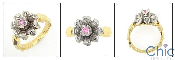 Fine Jewelry Flower Top Pink Center two Tone Gold Cubic Zirconia Ring