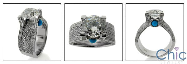 2.25 Round Center 175 Small Micro Pave sides Cabochon Turquoise Stones in 14k White Gold Ring