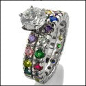 Matching Set 1 Ct Round Center Multi Color Cubic Zirconia Cz Ring