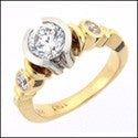Two Tone 14K Gold Ring 1 Carat Round Cubic Zirconia Half Bezel Center Full Bezels Sides