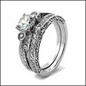 Matching Set Filigree Engraved Shanks .75 Round Center Cubic Zirconia Cz Ring