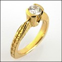 Cubic Zirconia Solitaire .50 Round Half Bezel Engraved Euro Shank 14K Yellow Gold Ring