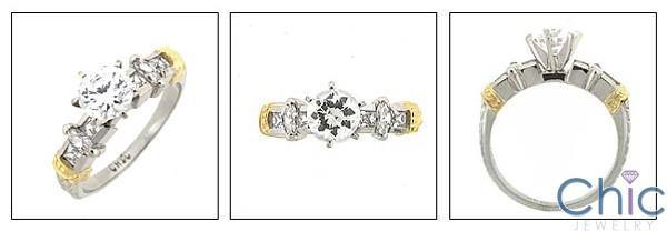 1 Carat Round Cubic Zirconia Engagement Ring 14K Gold Two Tone Bars