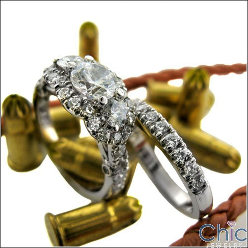 Matching Engagement Ring Set Round 1 Carat Center Cubic Zirconia Halo Pave 14K White Gold