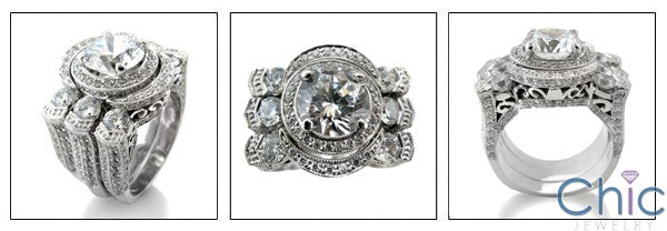 Matching Set 2 Ct . Round Center Halo Antique Style Pave Ct 2 d Fit Cubic Zirconia Cz Ring