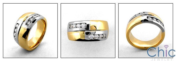 Mens Two Tone 12mm Channel Set Cubic Zirconia CZ Wedding Band
