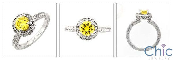 Engagement Canary Round In Halo Engraved shank Cubic Zirconia Cz Ring