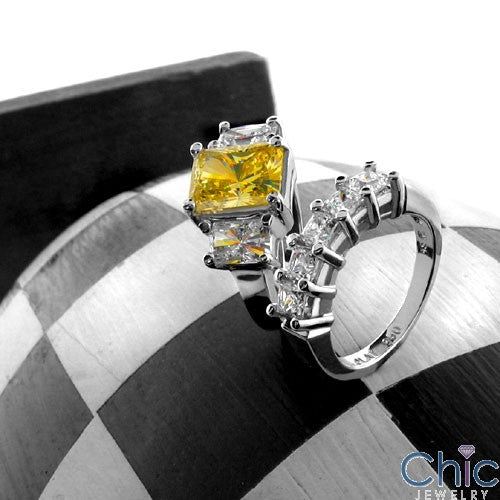 3 Stone Canary Yellow 3 Ct Radiant Center Cubic Zirconia Cz Ring