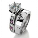 Matching Set 1.5 Round Center Pink Round Channeled Cubic Zirconia Cz Ring