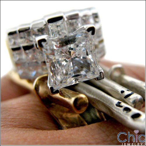 2 Ct Princess Cubic Zirconia Center Engagement Ring 14K White Gold Wide Shank with Channel Sides
