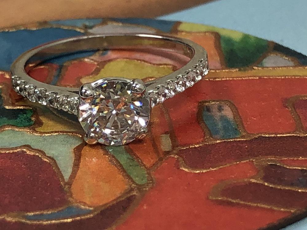 Shop 1 carat round CZ low set engagement ring in 14k white gold