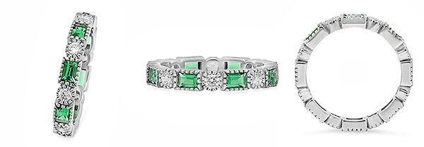 Art Deco Style Eternity Band with Emerald Color and Clear Diamond Cubic Zirconia 14k White Gold