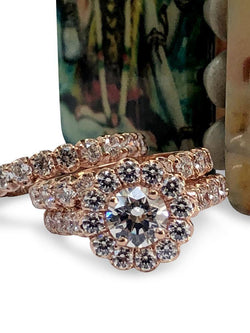 Round Center Stone CZ Rose Gold Engagement Ring and Double Bands