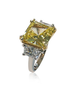 6 Carat Canary Princess Cut and Trapezoids CZ 3 Stone Ring in Two Tone