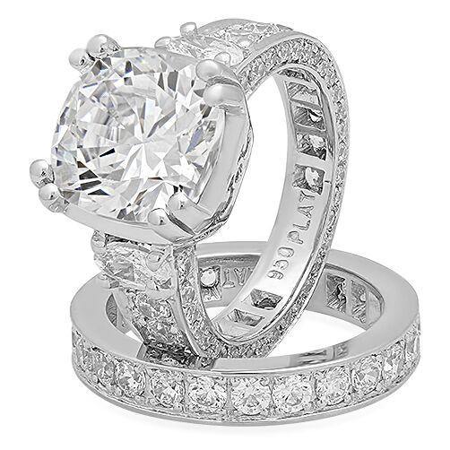 High Quality Cubic Zirconia 6 carat Cushion Cut Engagement ring with a Eternity Band 14K White Gold