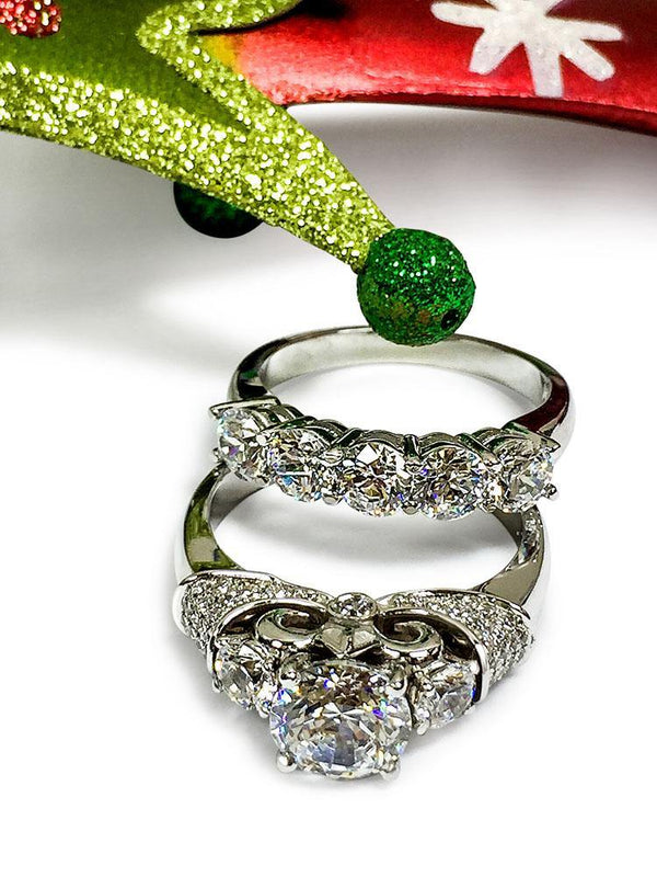 Round Cubic Zirconia 2 carat Engagement ring with band 14K White Gold