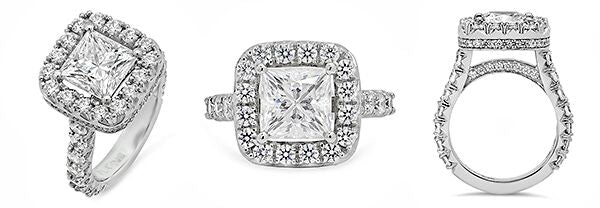 Highest Quality Princess Cut 3 Carat Engagement Ring Halo French Pave 14K White Gold