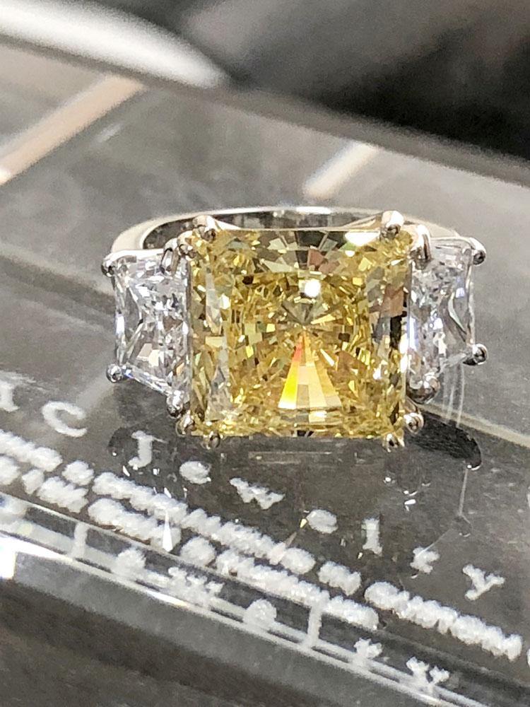 6 Carat Canary Princess Cut and Trapezoids CZ 3 Stone Ring in Two Tone
