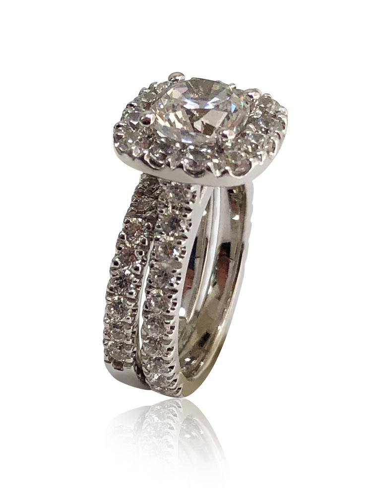 1.25 Cushion Cut Cubic Zirconia Halo Style ring with fitted wedding band