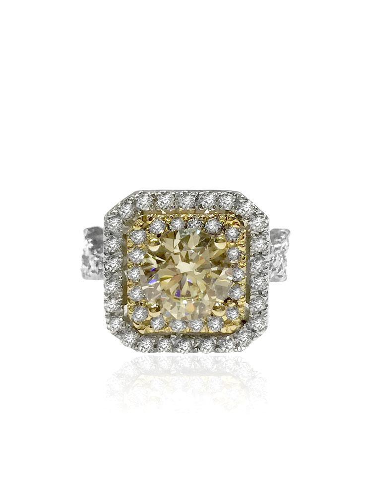 Light Canary 1.25 Carat Round Cubic Zirconia Two tone 14K Gold Double Halo Engagement Ring