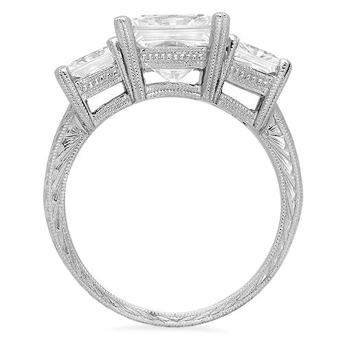 Highest Quality Cubic Zirconia 3 Stone Princess Cut Hand Engraved 14K White Gold