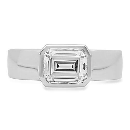 1.5 Emerald Cut High Quality Cubic Zirconia Solitaire Ring in Bezel 14K White Gold