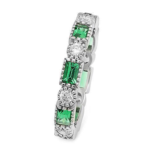 Art Deco Style Eternity Band with Emerald Color and Clear Diamond Cubic Zirconia 14k White Gold