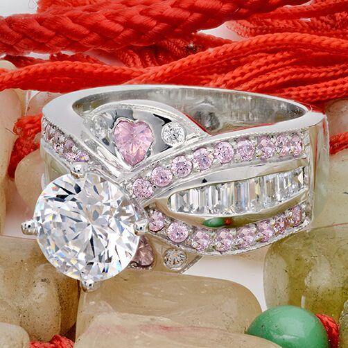 2 Carat Round Cubic Zirconia Engagement Ring Pink Heart Pave 14K White Gold