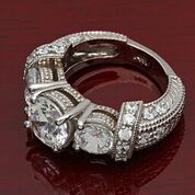 2 Carat Round Brilliant Cubic Zirconia with 0.75 on Each Side Stones Engraved Pave Set 14K White Gold Ring