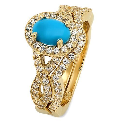 Turquoise Oval Shape Center Stone Matching Engagement Set in 14K Gold