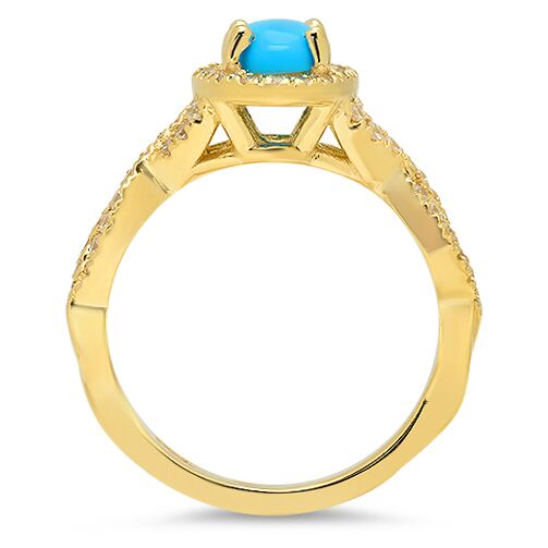 Oval 1 Carat Turquoise Center In Pave Set Halo 14K Yellow Gold Ring.